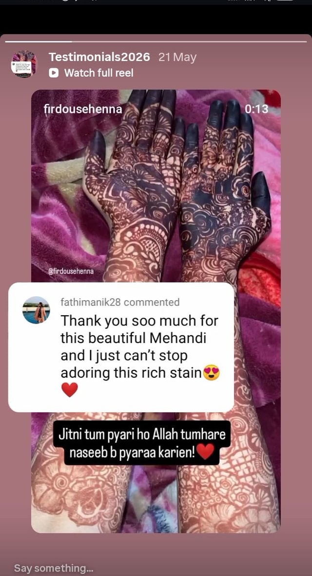 Instagram comment from fathimanik28 on a Firdouse Heena reel